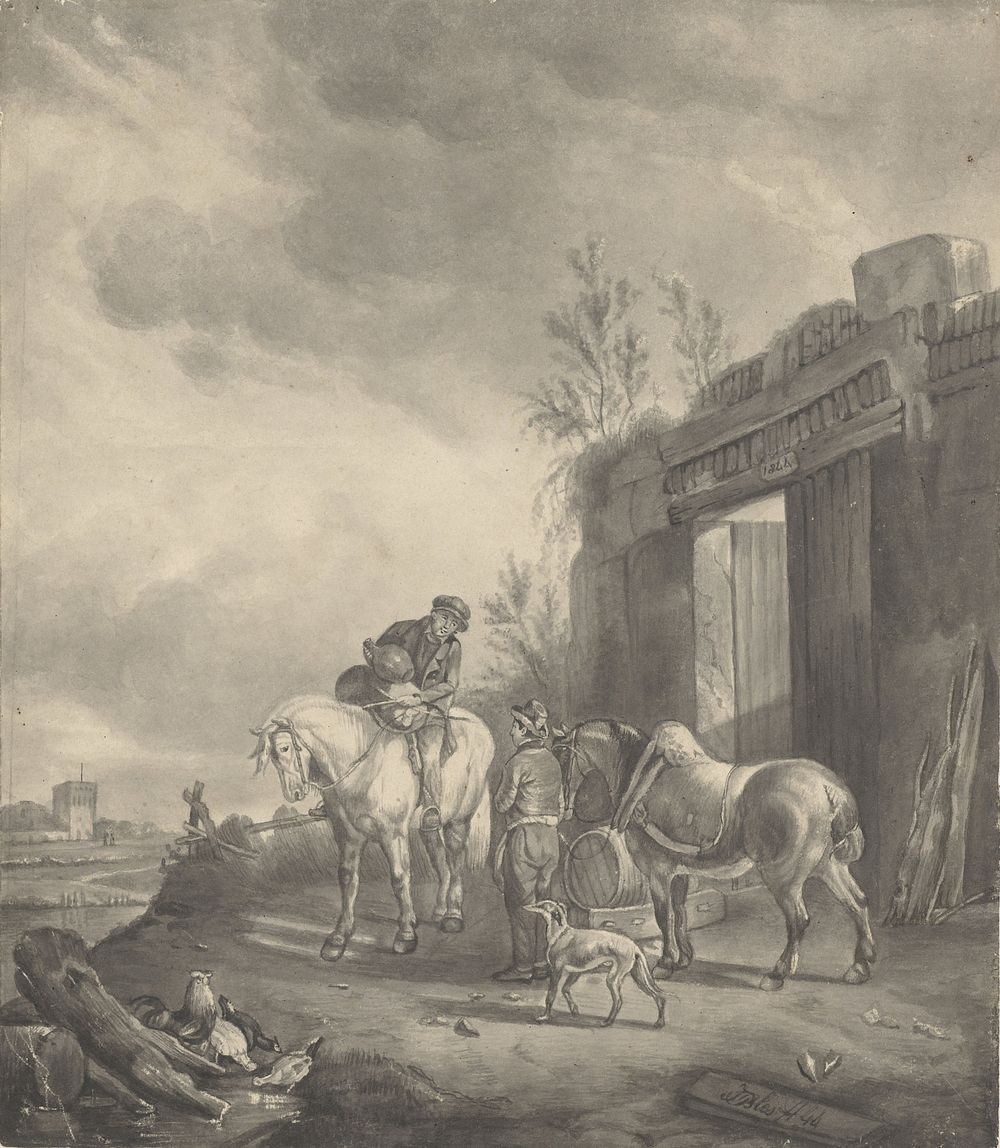 Twee ruiters bij een vervallen gebouw (1844) by Joseph Bles
