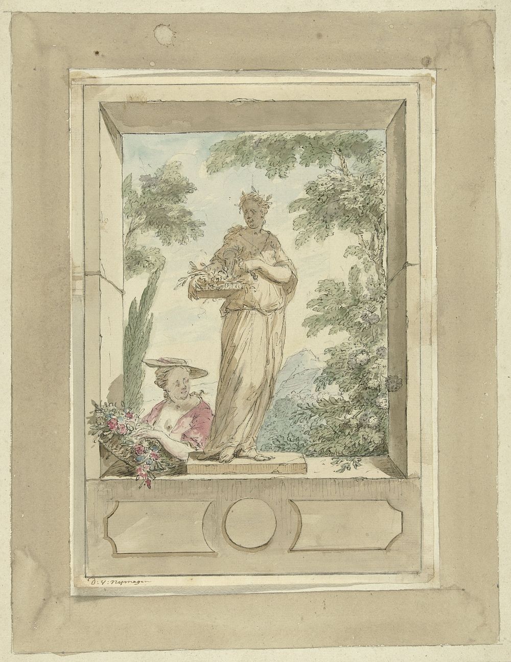 Ontwerp voor een zaalstuk: standbeeld van Flora waarachter een vrouw met bloemenmand (1715 - 1798) by Dionys van Nijmegen