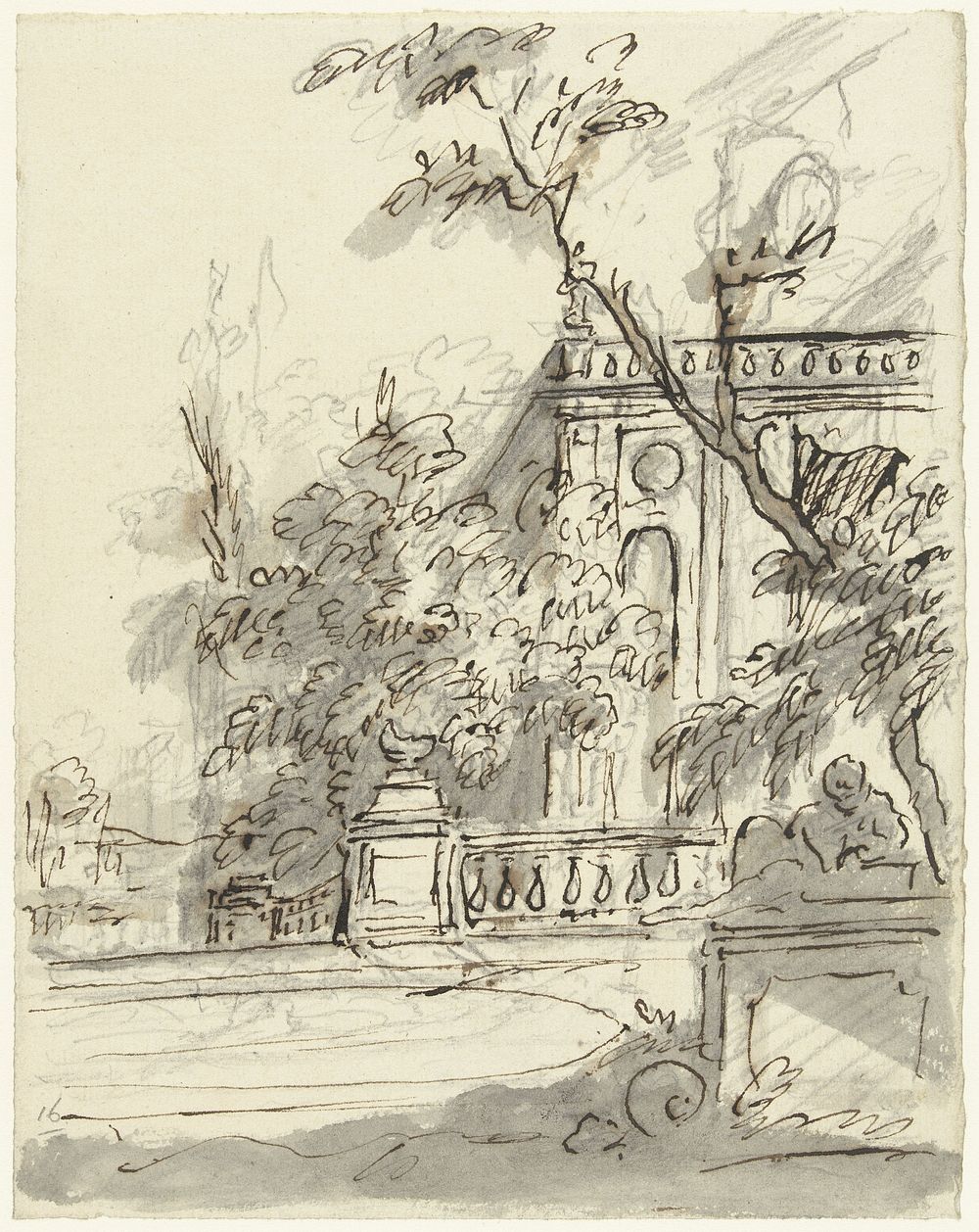 Tuingezicht met vijver en balustrade (1715 - 1798) by Dionys van Nijmegen