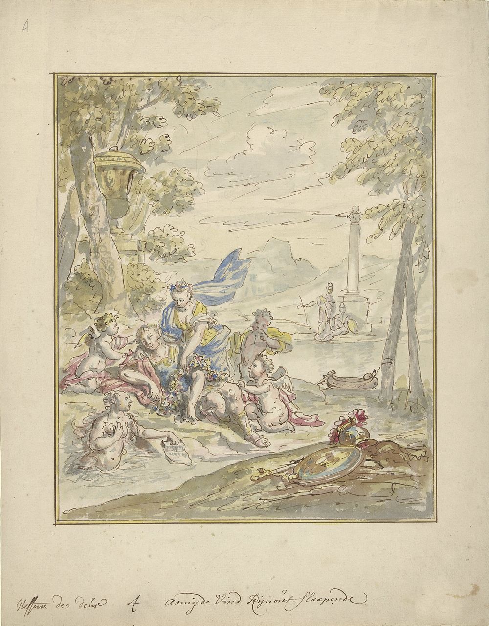 Ontwerp voor een kamerbeschildering met Armida en Rinaldo (1677 - 1755) by Elias van Nijmegen