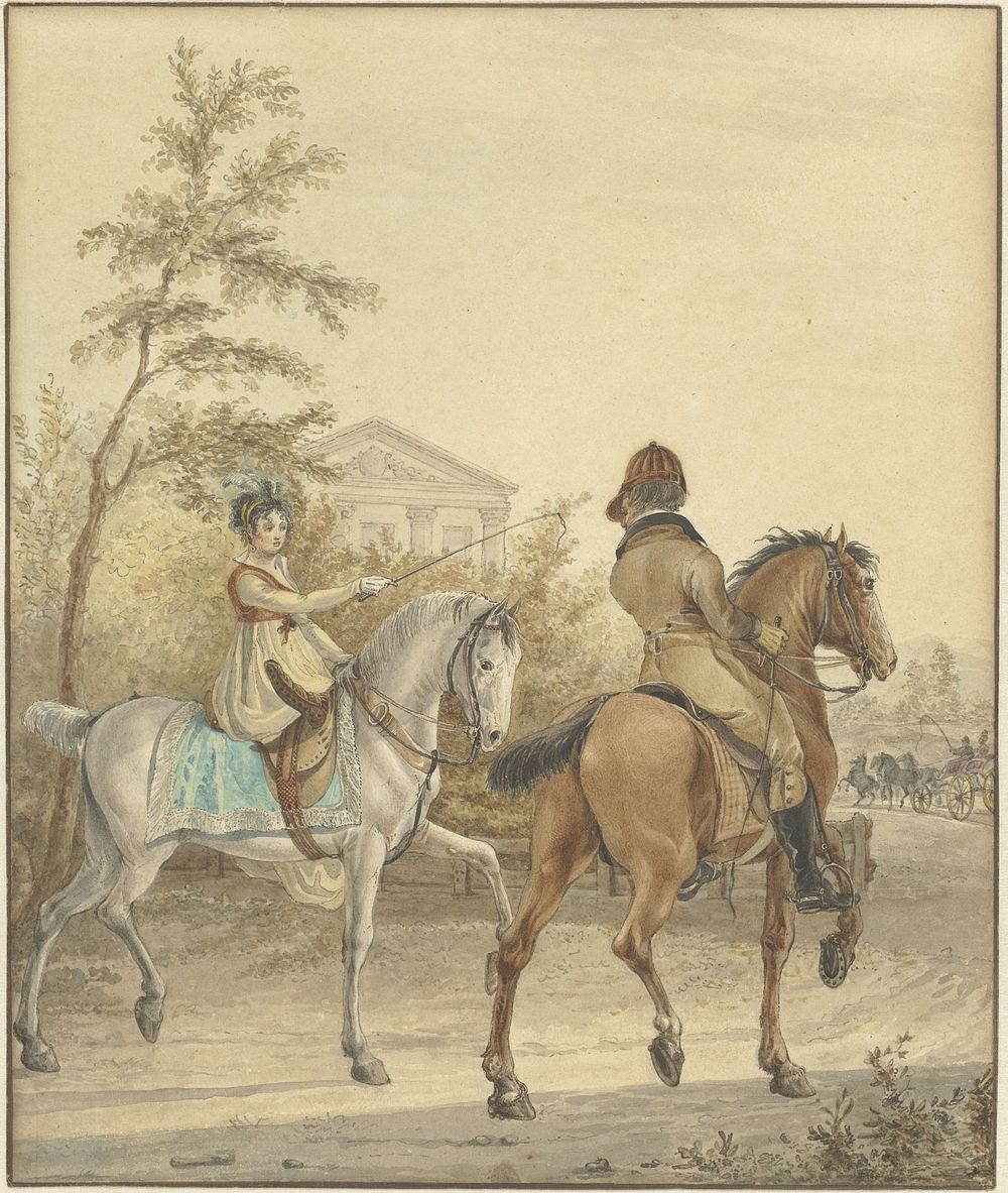 Man en een vrouw te paard op een landweg (1802) by Johannes Vinkeles