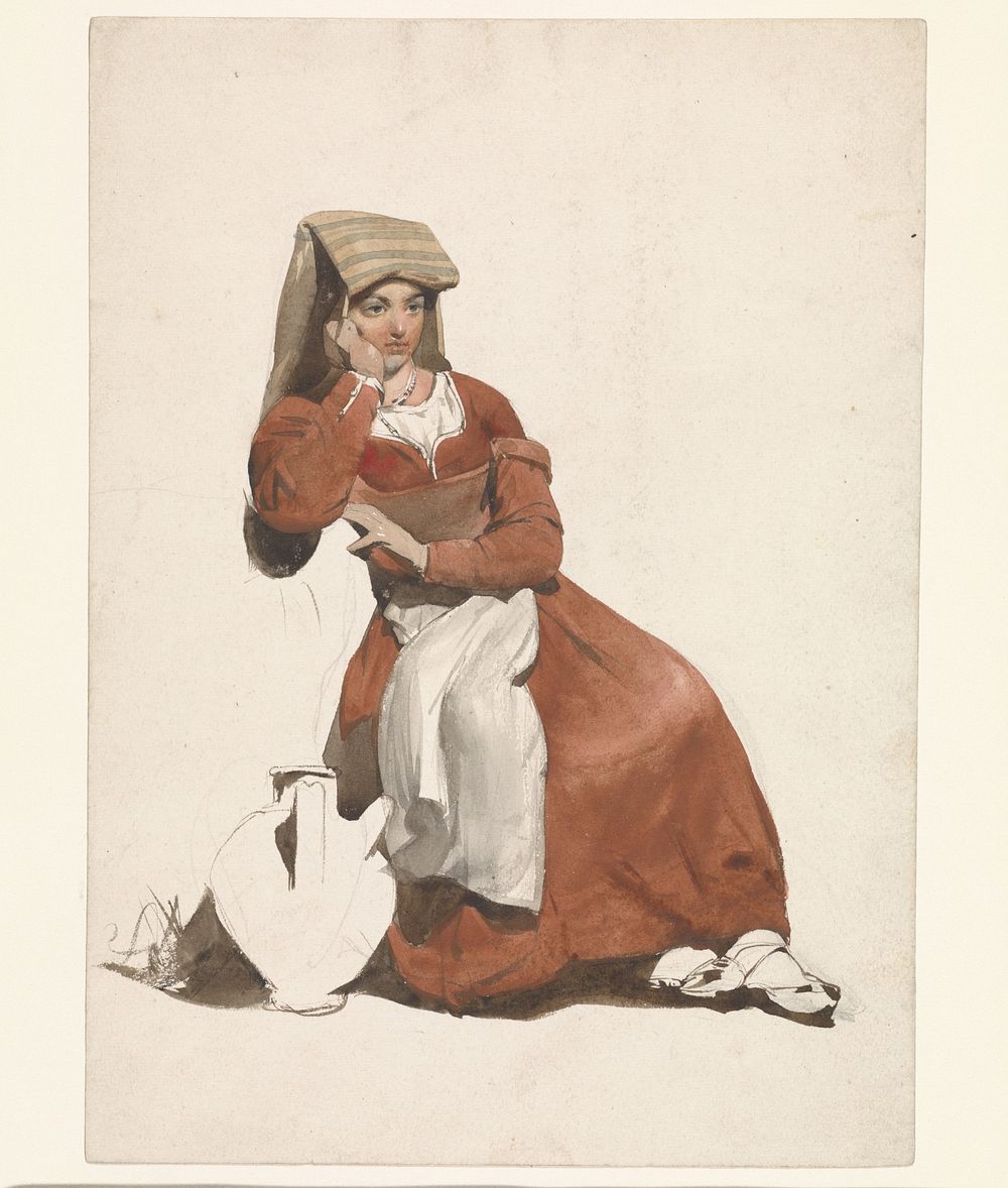 Zittende vrouw in Italiaanse klederdracht (1825 - 1873) by Pierre Louis Dubourcq