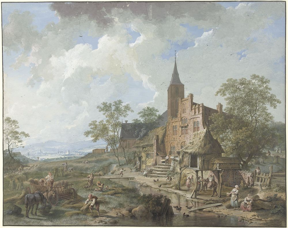 Oogst bij een dorp in een heuvelig landschap (1767) by Hendrik Meijer