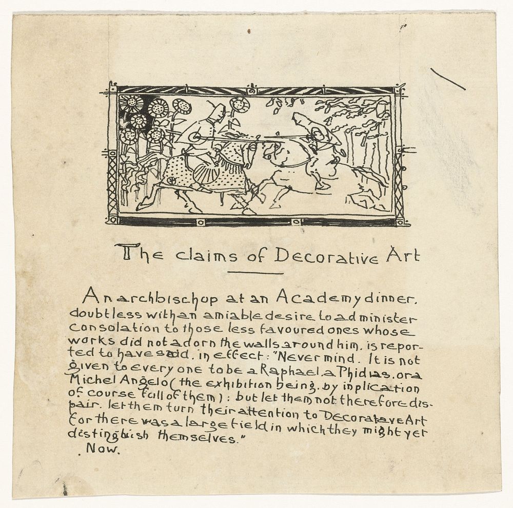Ontwerp voor voorwoord (?) van The claims of Decorative Art met illustratie van steekspel (c. 1876 - c. 1924) by Gerrit…