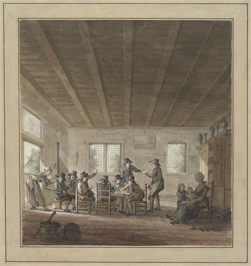 Herberginterieur met een groep kaartende en drinkende boeren (1750 - 1799) by anonymous