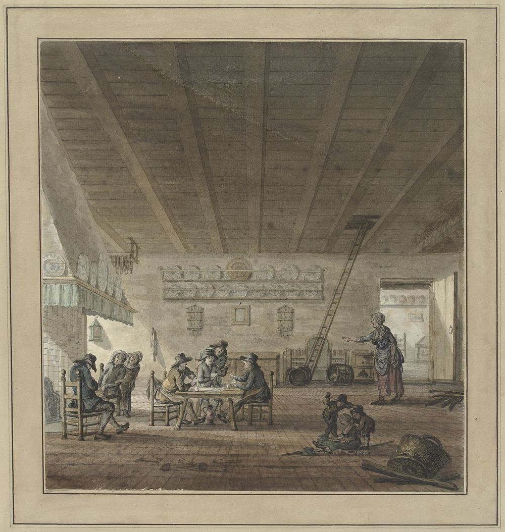 Herberginterieur met kaartspelers bij een schouw (1750 - 1799) by anonymous