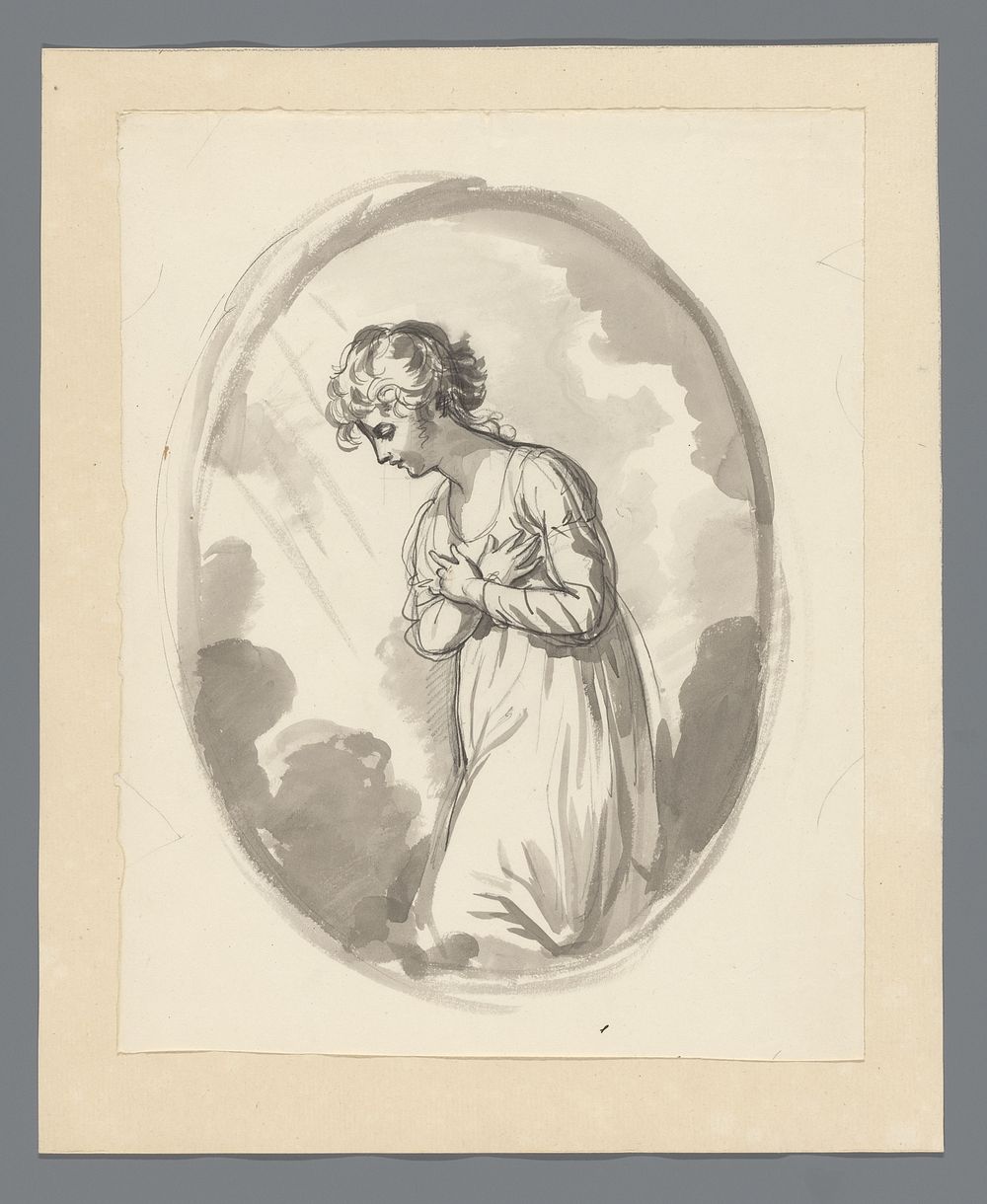 Geknield meisje, met de handen voor de borst, in ovaal (1780 - 1849) by David Pièrre Giottino Humbert de Superville