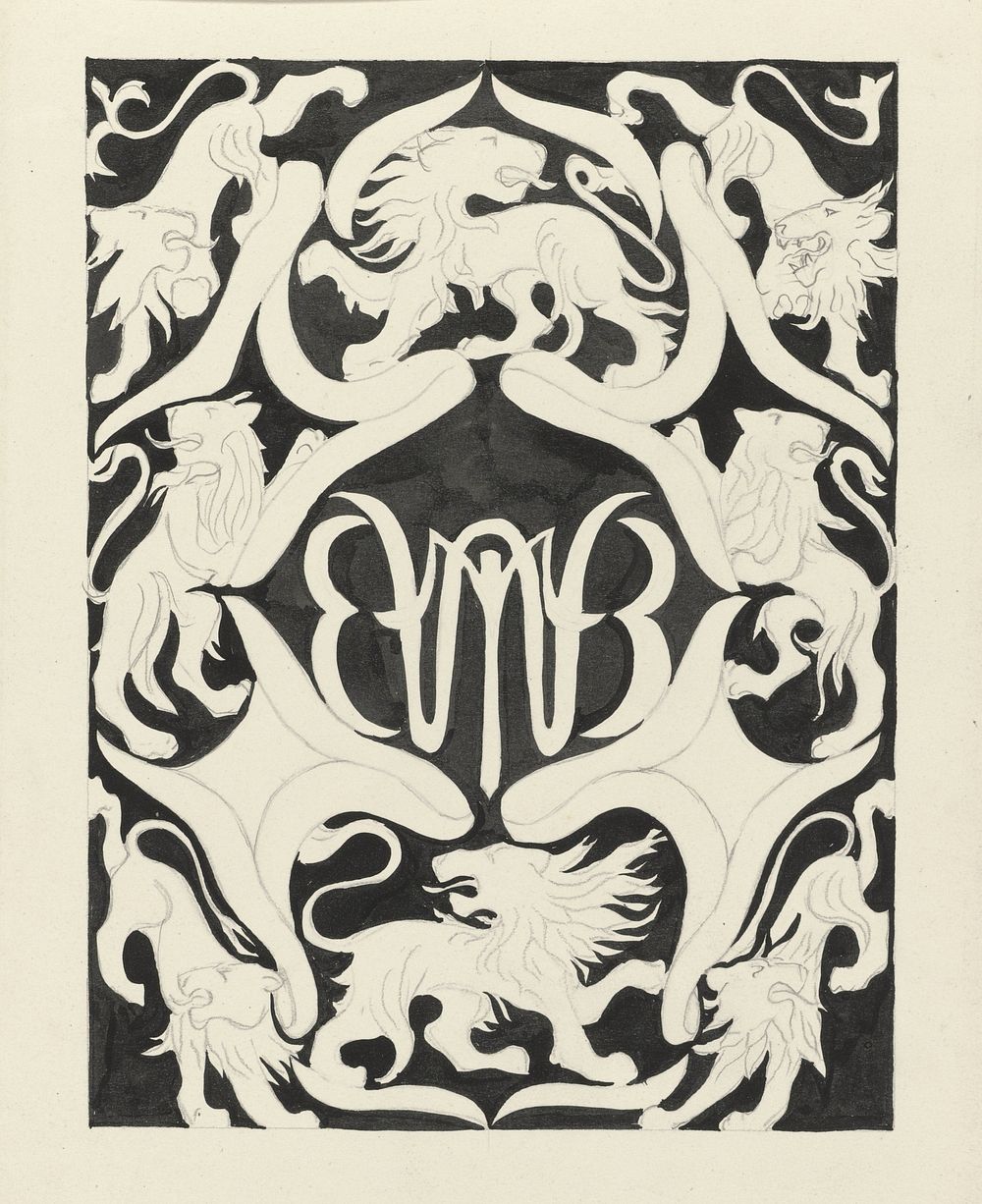 Ontwerp voor een ex libris met monogram en leeuwen (1874 - 1945) by Carel Adolph Lion Cachet