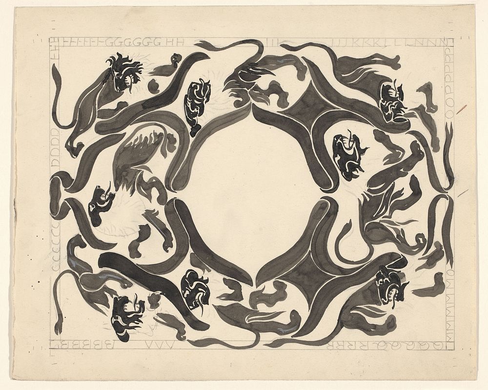 Ontwerp voor een ex libris met monogram en leeuwen (1874 - 1945) by Carel Adolph Lion Cachet