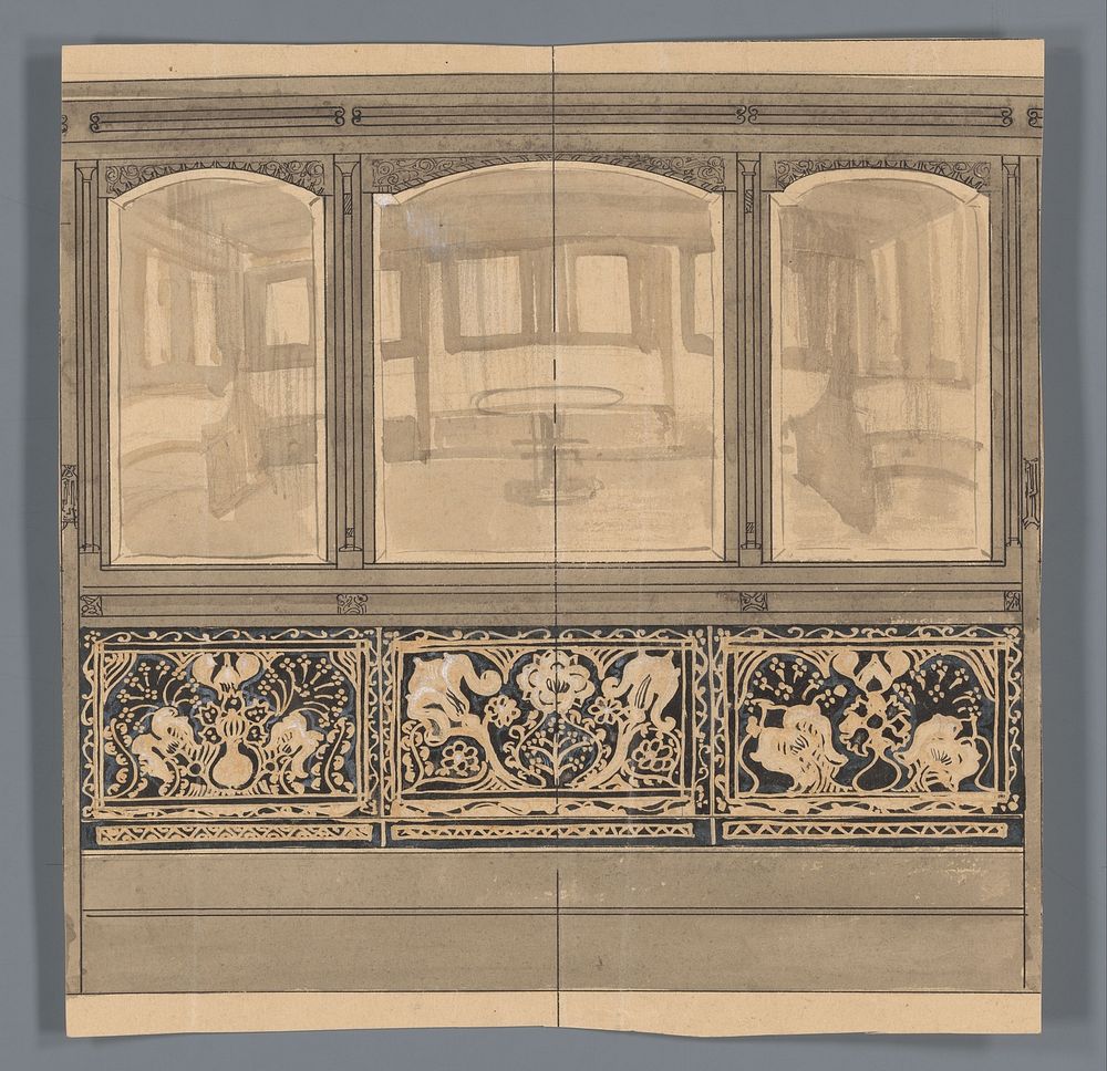 Ontwerp voor scheidwand met drie glazen ruiten, voor een scheepsinterieur (1874 - 1945) by Carel Adolph Lion Cachet