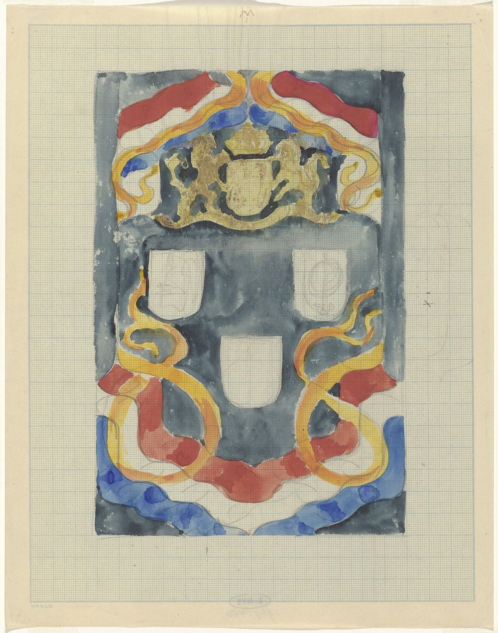 Decoratief ontwerp met het rijkswapen, vlaggen en vaandels (1874 - 1945) by Carel Adolph Lion Cachet