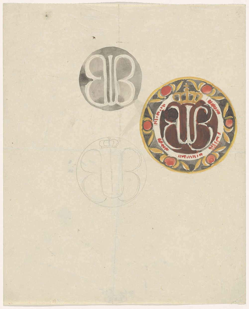 Ontwerpen voor een bord met kroon en monogram (1874 - 1945) by Carel Adolph Lion Cachet