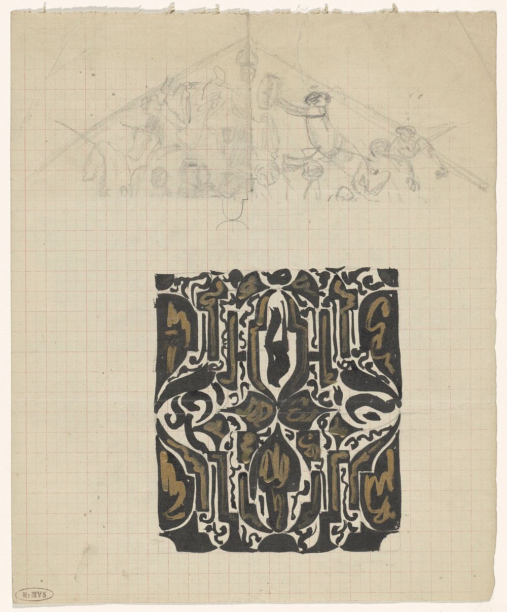 Decoratief ontwerp en schets van het front timpaan van het Koninklijk Paleis te Amsterdam (1874 - 1945) by Carel Adolph Lion…