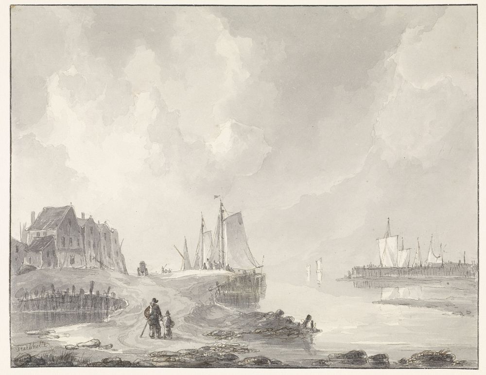 Haven met links oude huizen, op de voorgrond wandelaars (1809 - 1874) by Christiaan Lodewijk Willem Dreibholtz