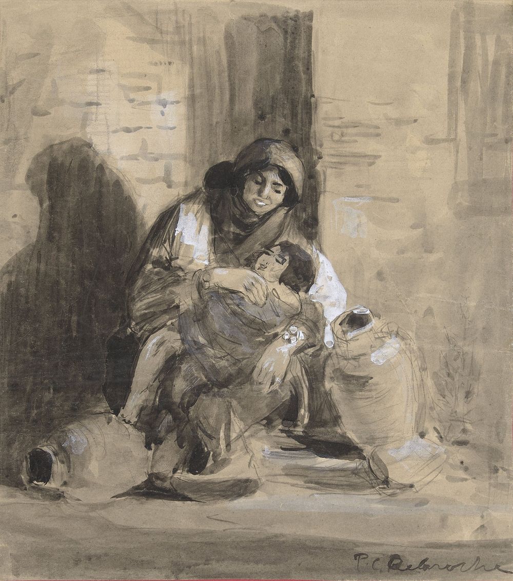 Zittende Joodse vrouw uit Gaza, met haar kind en twee grote kruiken (1807 - 1856) by Paul Delaroche
