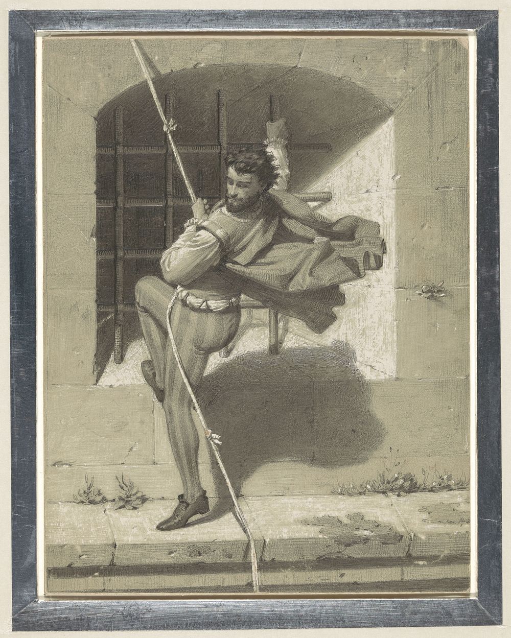 Benvenuto Cellini ontvlucht de Engelenburcht te Rome aan een koord van aaneengeknoopte doeken (1836 - 1886) by Karl Theodor…