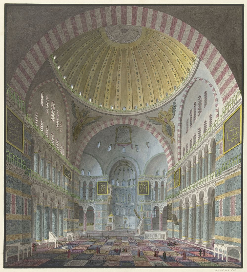 Interieur van de Aya Sophia met geknielde en staande Turken (1821 - 1847) by George Antoine Prosper Marilhat
