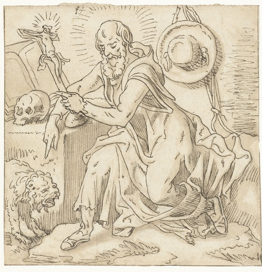 Heilige Hieronymus gezeten bij een crucifix, boek en schedel (1518) by Pieter Aertsen