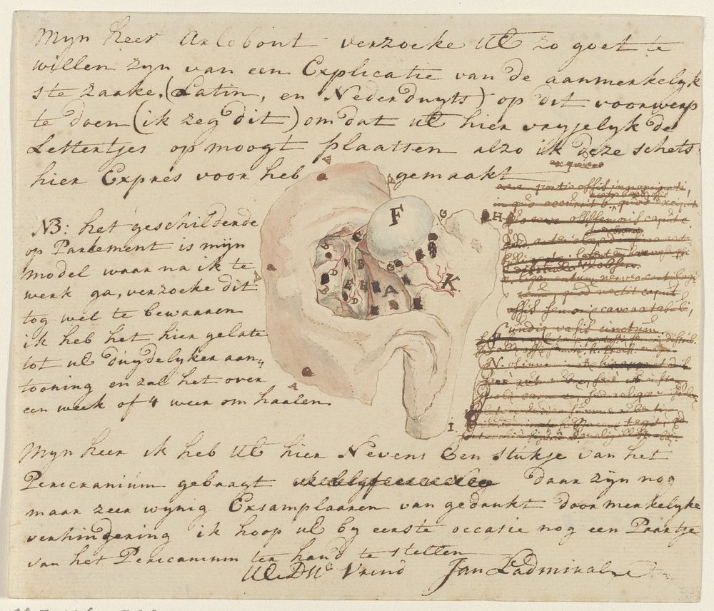 Brief met een kleine anatomische schets van het menselijke heupgewricht en bekken (1733 - 1738) by Jan l Admiral