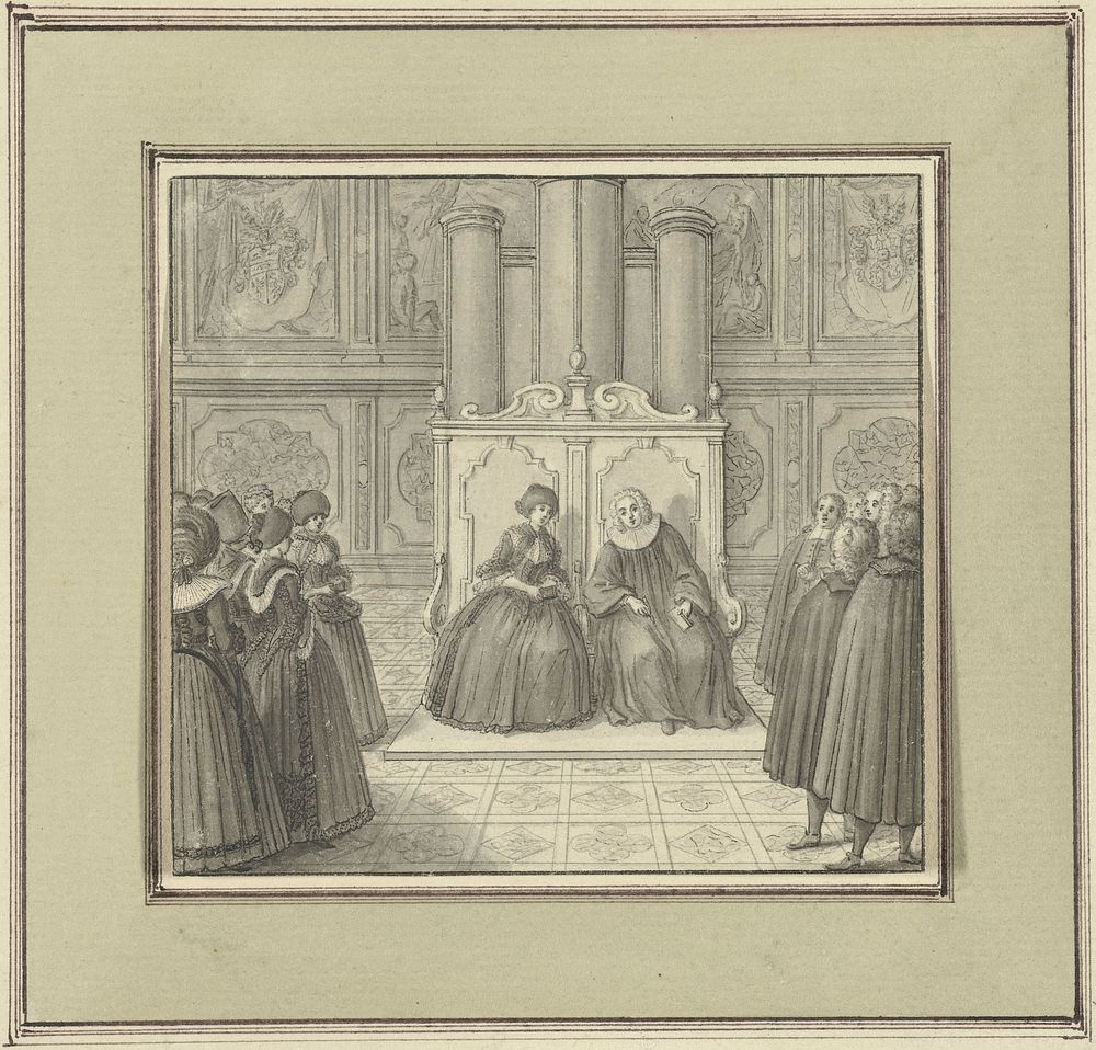 Man en vrouw in monumentale bank zittend tussen staande mensen (1710 - 1732) by Catharina Heckel Sperling