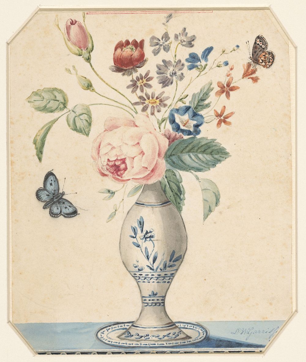 Vaasje met bloemen en een blauwe vlinder (1800 - 1900) by L W Garrison