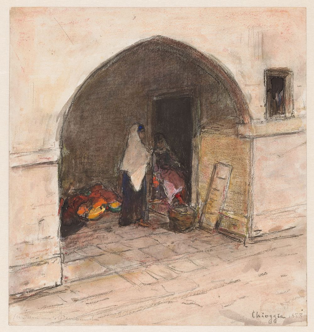 Straattafereel met oosters geklede vrouwen te Chioggia (1888) by Carel Nicolaas Storm van s Gravesande