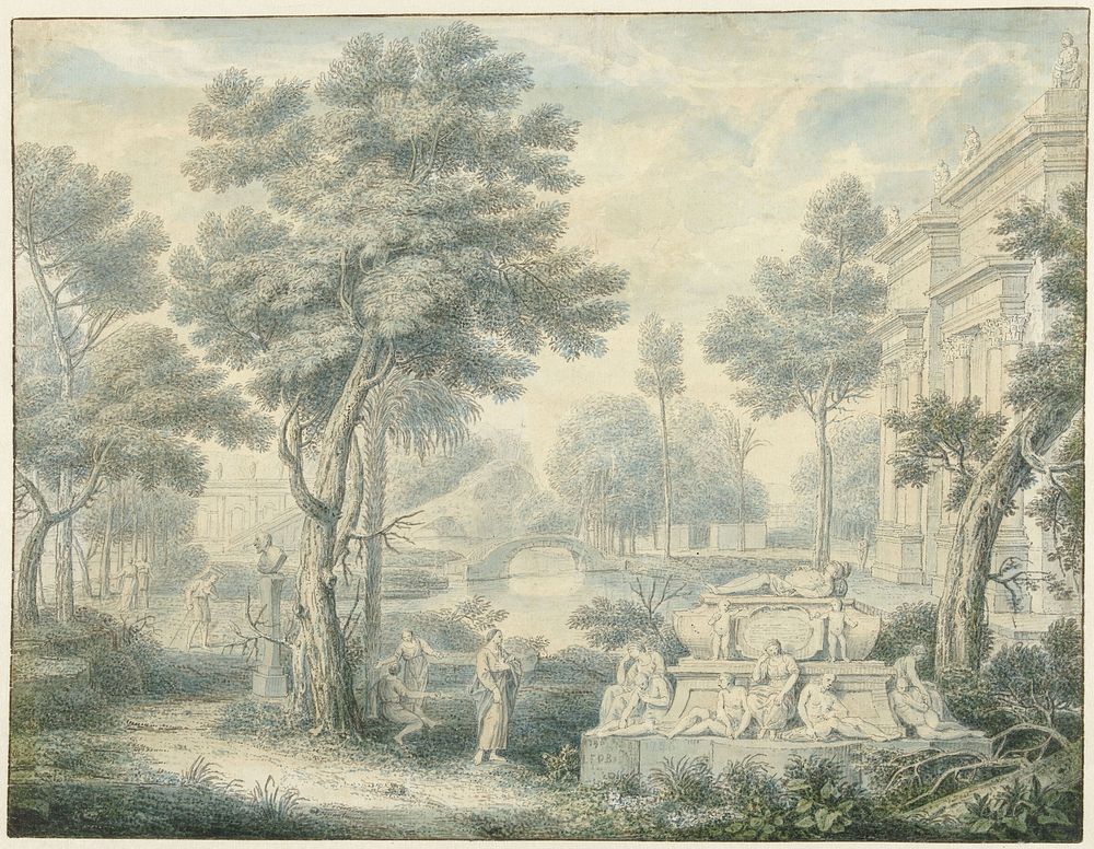Arcadisch landschap met een graftombe (1746) by Louis Fabritius Dubourg