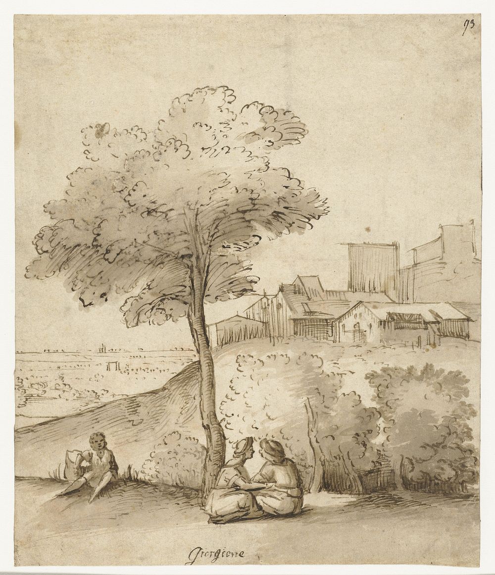 Italiaans landschap met enkele figuren onder een boom (1600 - 1699) by anonymous and Giorgione