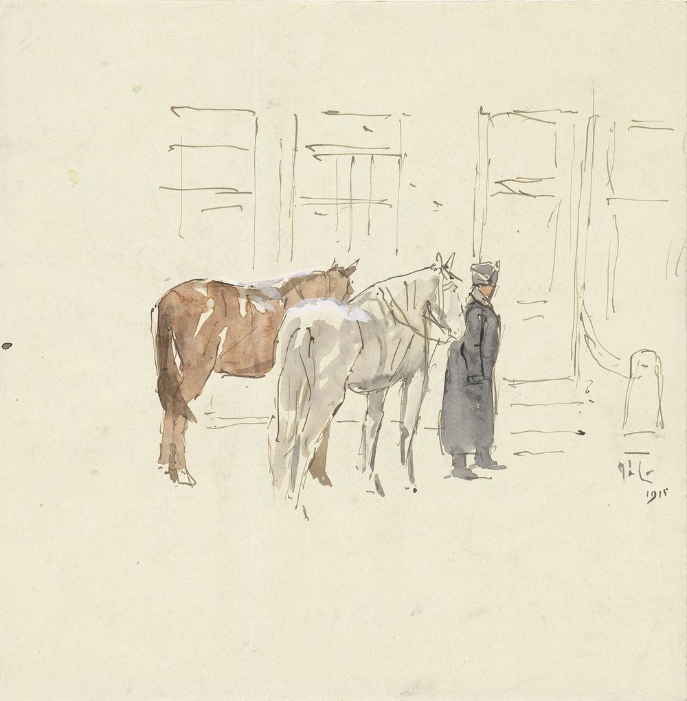 Man met twee paarden voor een gebouw (1915) by Adolf le Comte