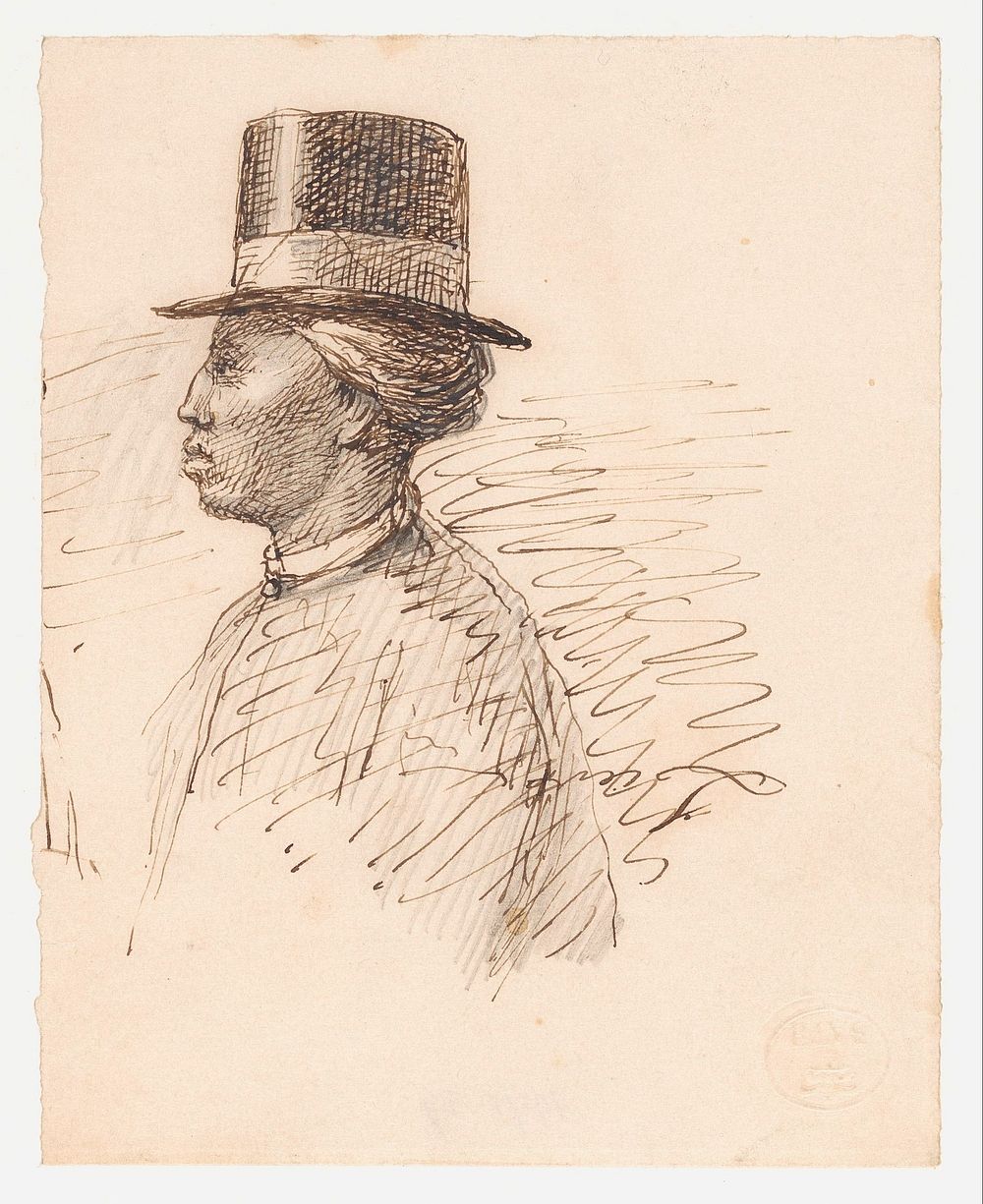 Portret van een man in Nederlands-Indië met een hoge hoed, en profil (1848 - 1854) by Christian Heinrich Gottlieb Steuerwald