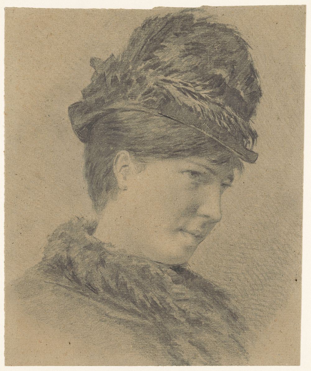 Portret van een jonge vrouw met hoed met veren (1850 - 1884) by Hans Makart