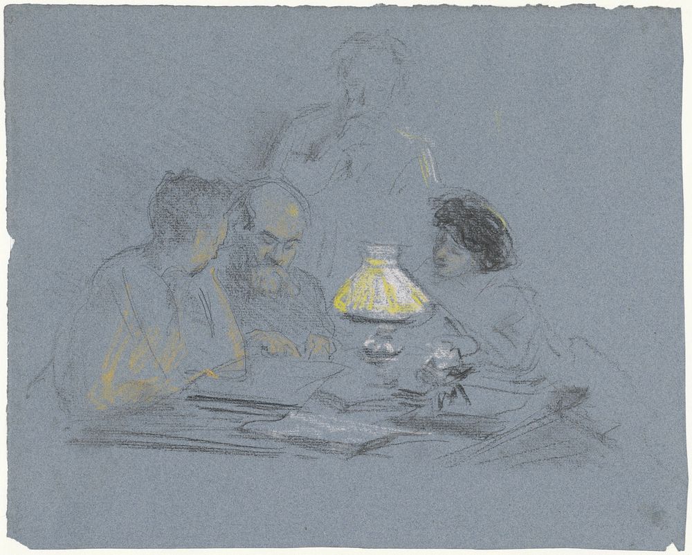 A. Grandmont en drie figuren, lezend bij lamplicht (1865 - 1913) by Bramine Hubrecht