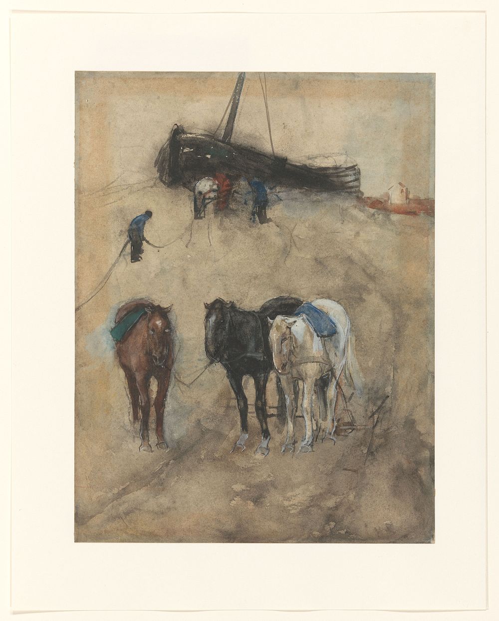 Paarden op het strand, op de achtergrond een schuit en vissers (c. 1867 - c. 1923) by George Hendrik Breitner and Willem de…