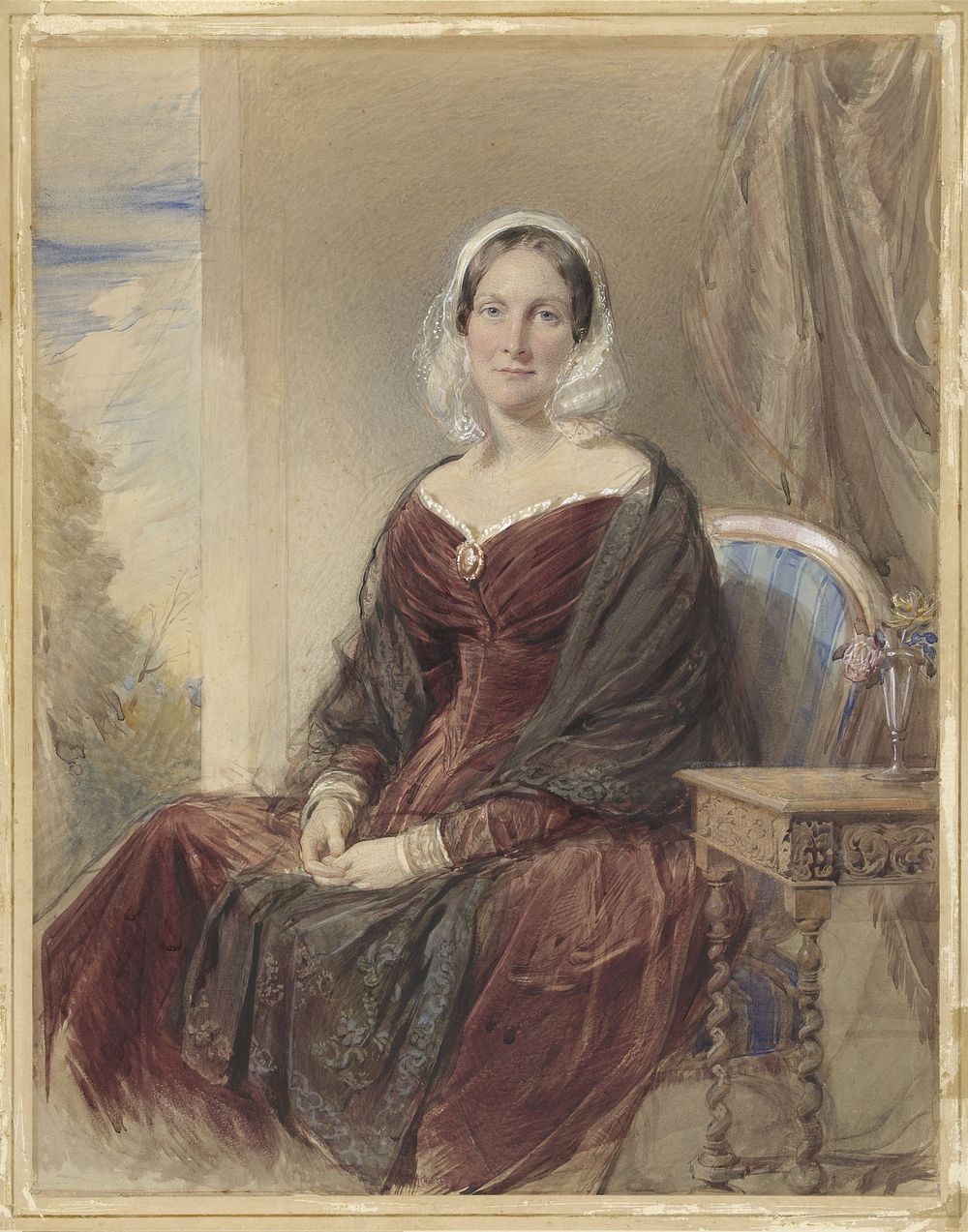 Portret van een zittende dame bij een doorkijk naar buiten (1842) by George Richmond