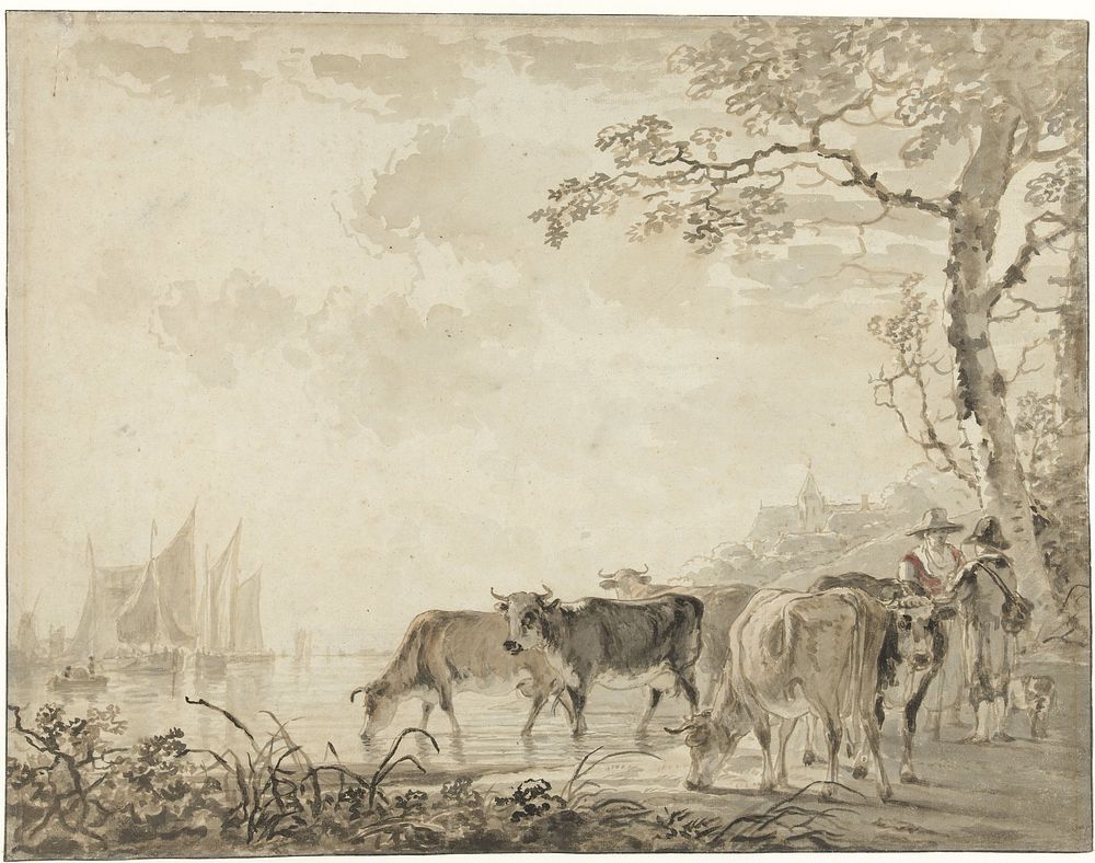 Landschap met koeien bij een rivier met schepen (1766 - 1815) by Jacob van Strij