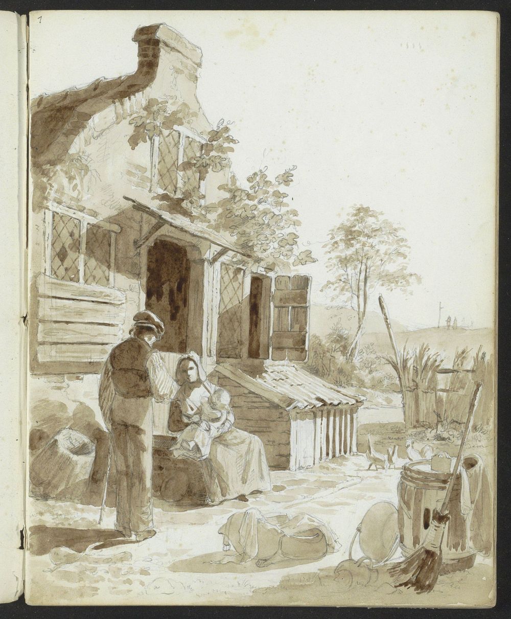 Man en vrouw met kind op een erf (1820 - 1872) by Hendrik Abraham Klinkhamer