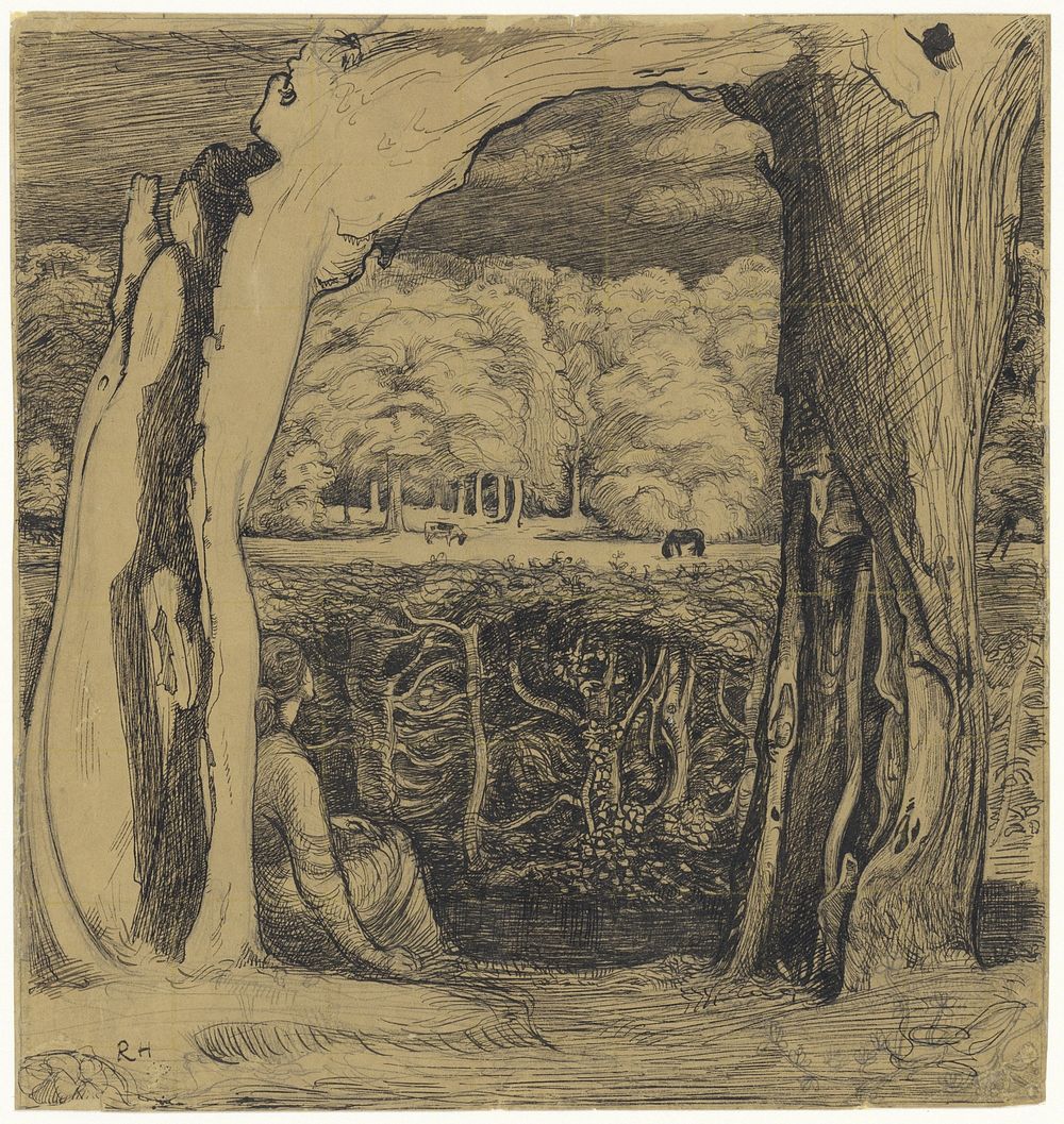 Landschap met een vrouw zittend tussen twee wilgen (1878 - 1938) by Richard Nicolaüs Roland Holst