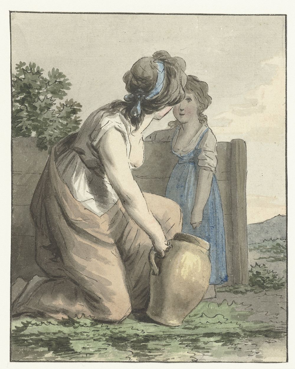 Hurkende vrouw praat tegen een staand meisje (1756 - 1813) by Anthony Andriessen