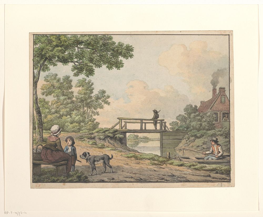 Landschap met figuren en een bruggetje bij een boerenwoning (1756 - 1813) by Anthony Andriessen