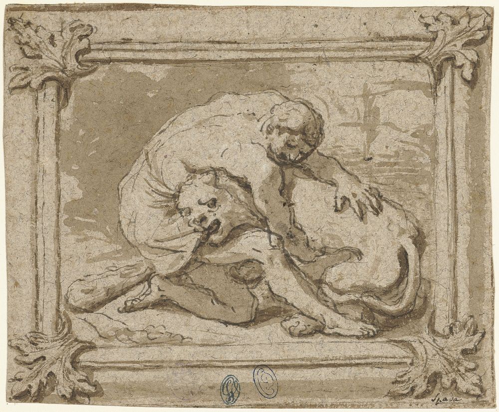 Hercules in gevecht met de Nemische leeuw (1611 - 1621) by Lionello Spada