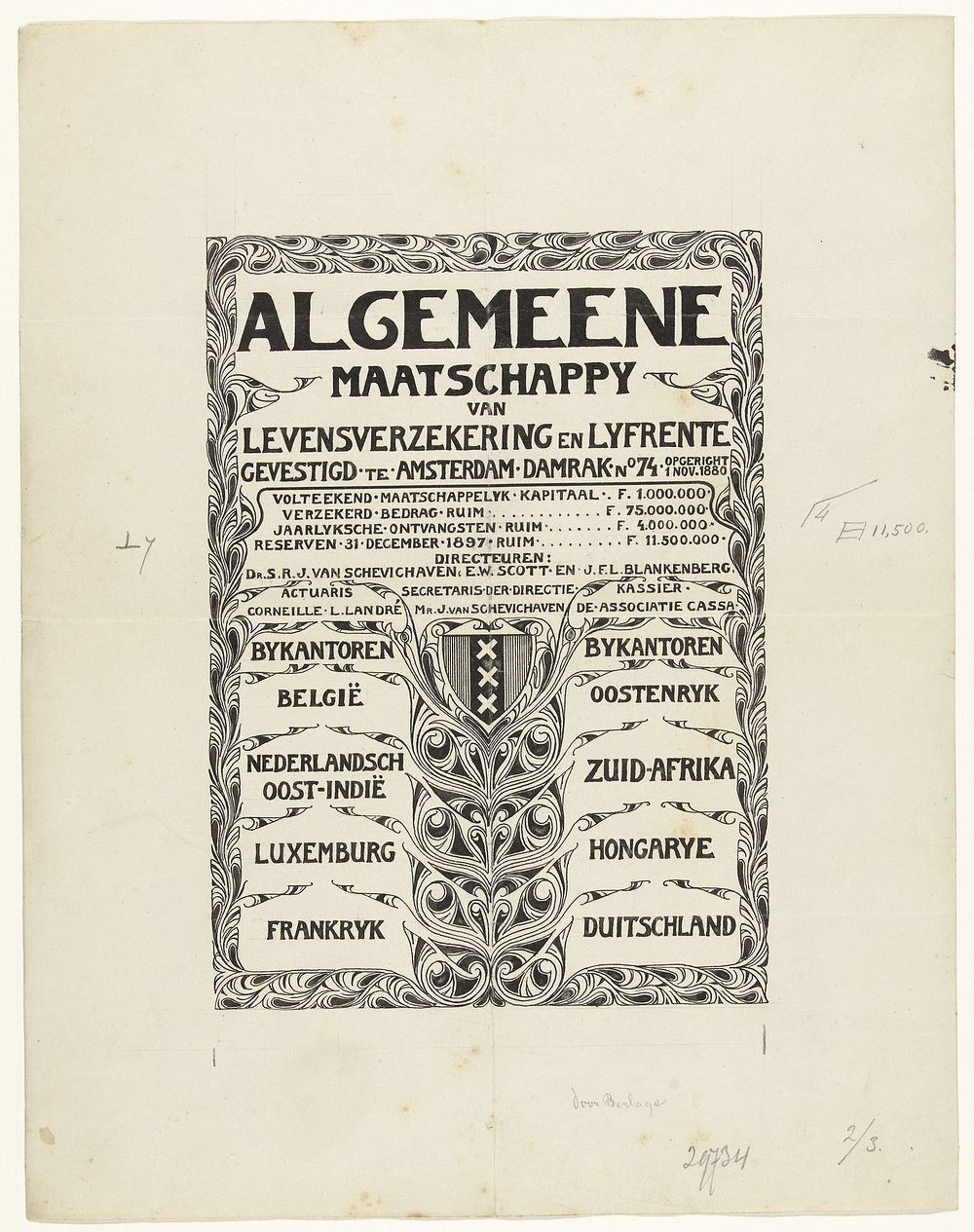 Ontwerp voor een reclame voor de Algemeene Maatschappij van Levensverzekering en Lijfrente te Amsterdam (1866 - 1934) by…