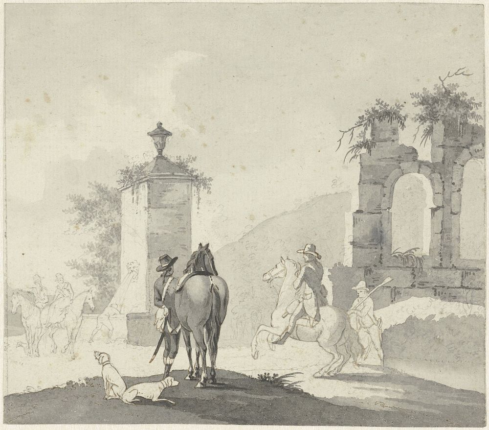 Ruiters bij een drinkplaats (1700 - 1800) by anonymous