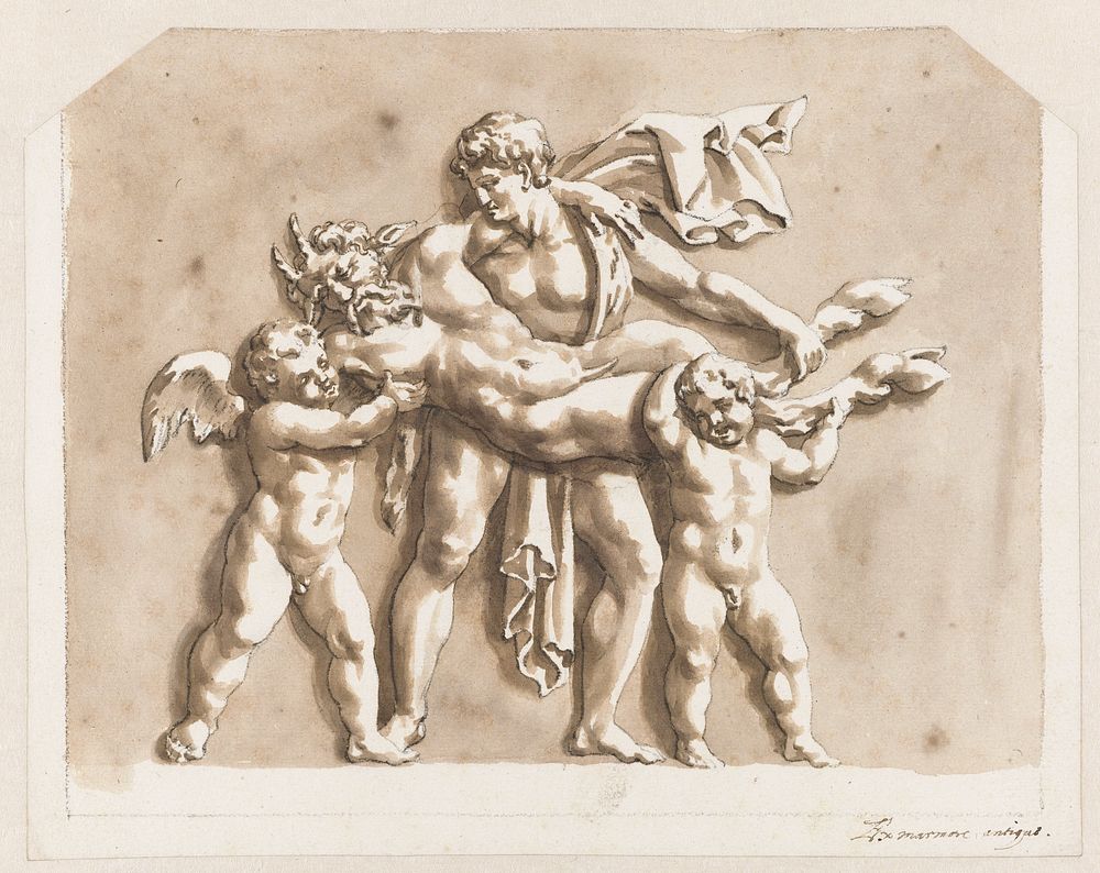 Sater, gedragen door twee putti en een jongeman (1648 - 1671) by Jan de Bisschop and anonymous