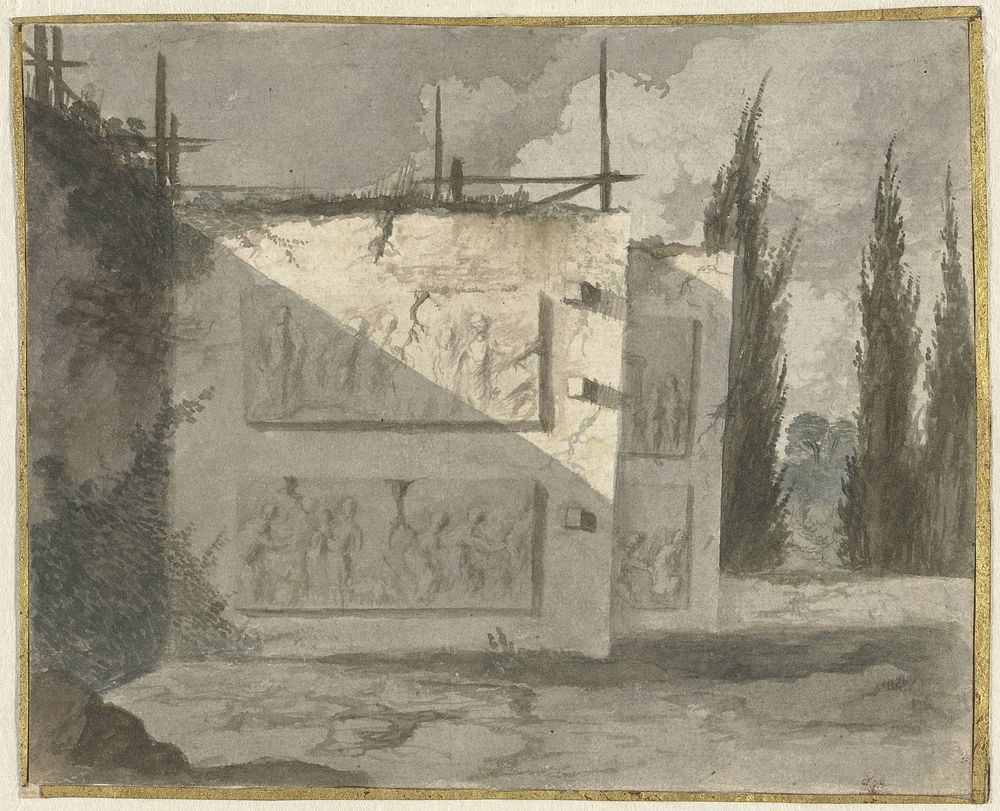 Landschap met muur en basreliefs (1650 - 1700) by Cavalier Cosse and anonymous