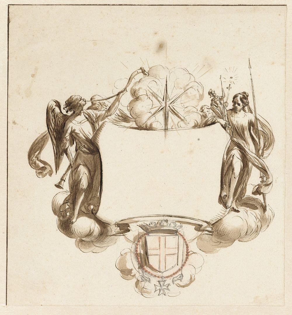 Cartouche met Fama en de Goddelijke en Menselijke Wijsheid (1670 - 1677) by Nicolaes Pietersz Berchem