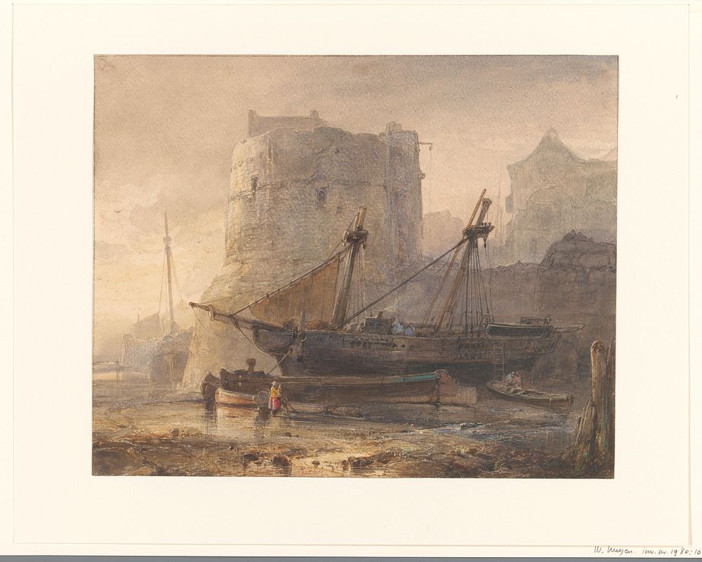 Schepen bij laag water in een Franse haven (1836) by Wijnand Nuijen