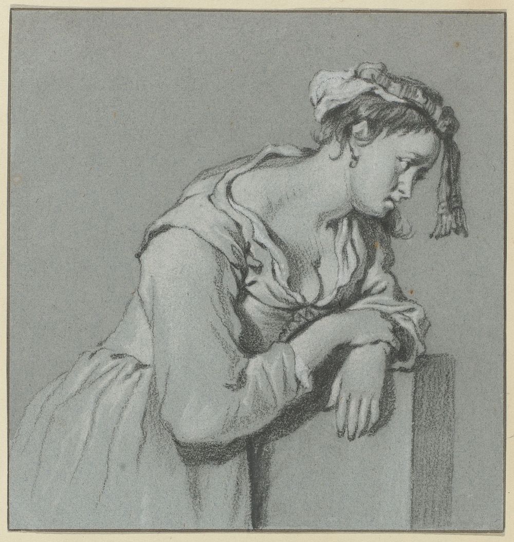 Vooroverleunende jonge vrouw met muts (c. 1600 - c. 1699) by anonymous