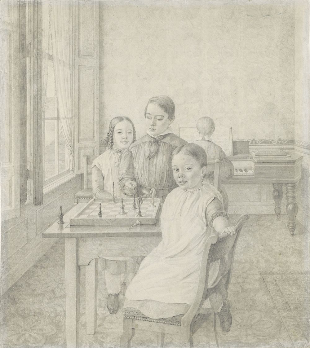 De drie kinderen van Christian Heinrich Gottlieb Steuerwald in een interieur (1848) by Christian Heinrich Gottlieb Steuerwald