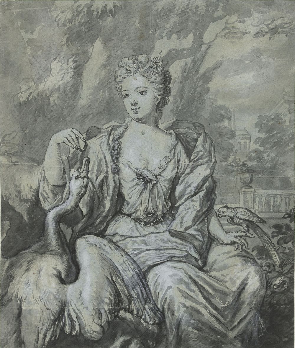 Portret van een vrouw met een zwaan en een papegaai in een tuin (1710 - 1777) by Mattheus Verheyden