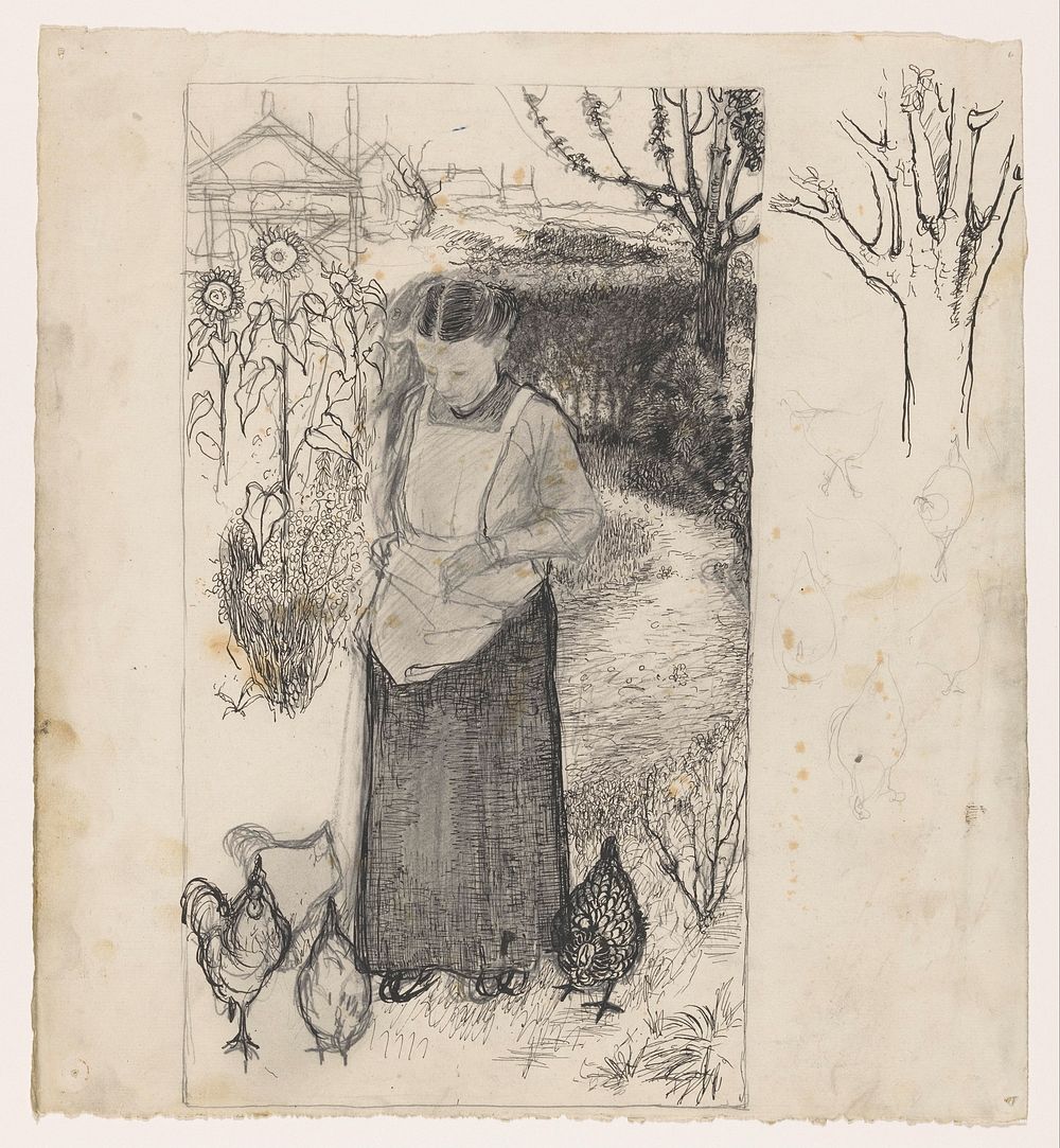 Anne Mankes-Zernike voert kippen (1899 - 1920) by Jan Mankes